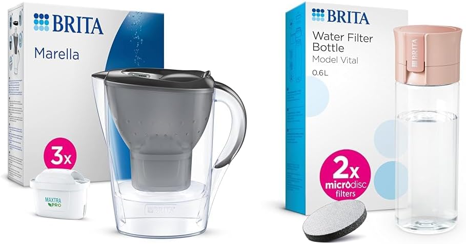 BRITA Marella Water Filter Jug Graphite (2.4L) Starter Pack incl. 3x MAXTRA PRO Pure Performance cartridge - fridge-fitting jug with digital LTI and Flip-Lid - now in sustainable Smart Box packaging