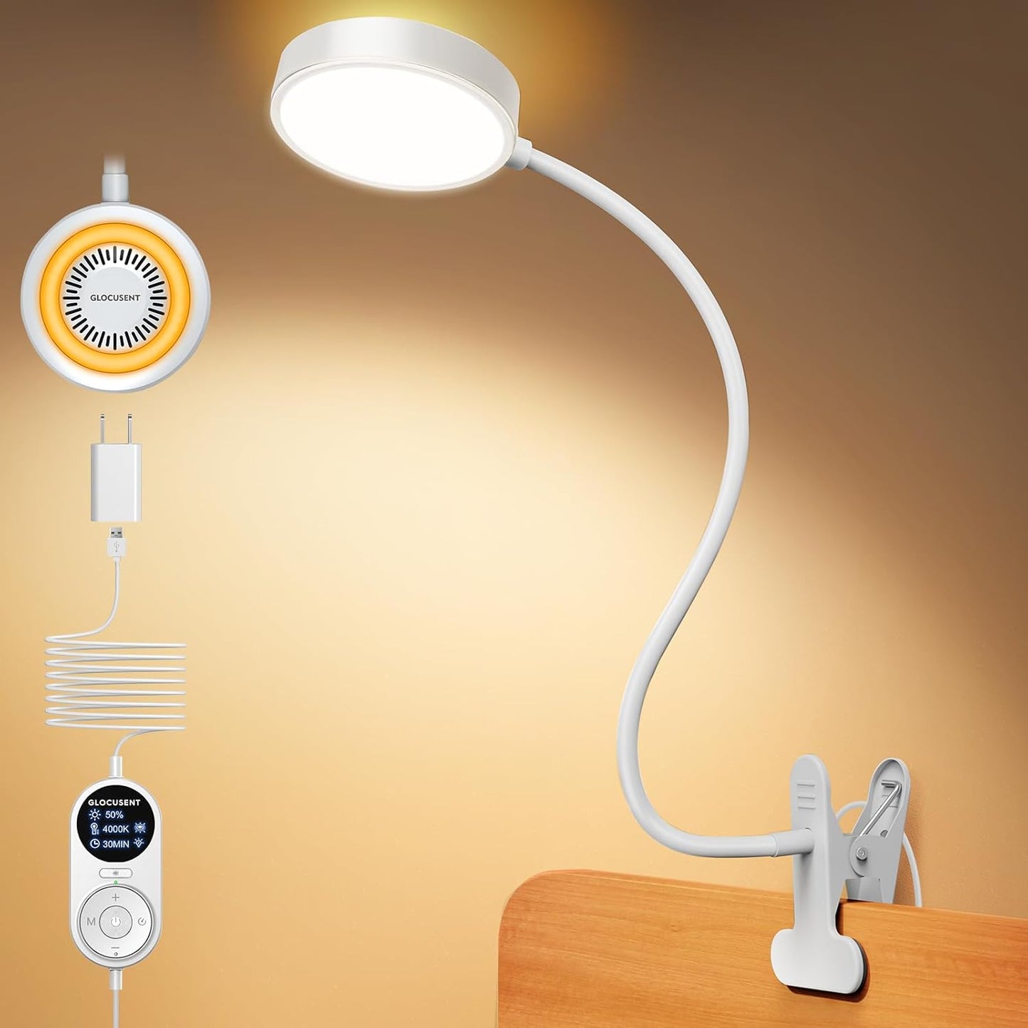 Glocusent Clip on Light, 72 LED Bedside Light with 3 Colors & 5 Brightness, Flexible with Amber Night Light, 30/60Min Timer, Eye Caring, for Bed/Reading/Studying/Working (Black with Adapter) | 5 levels, soft light for eyes, timer, flexible setting, stable