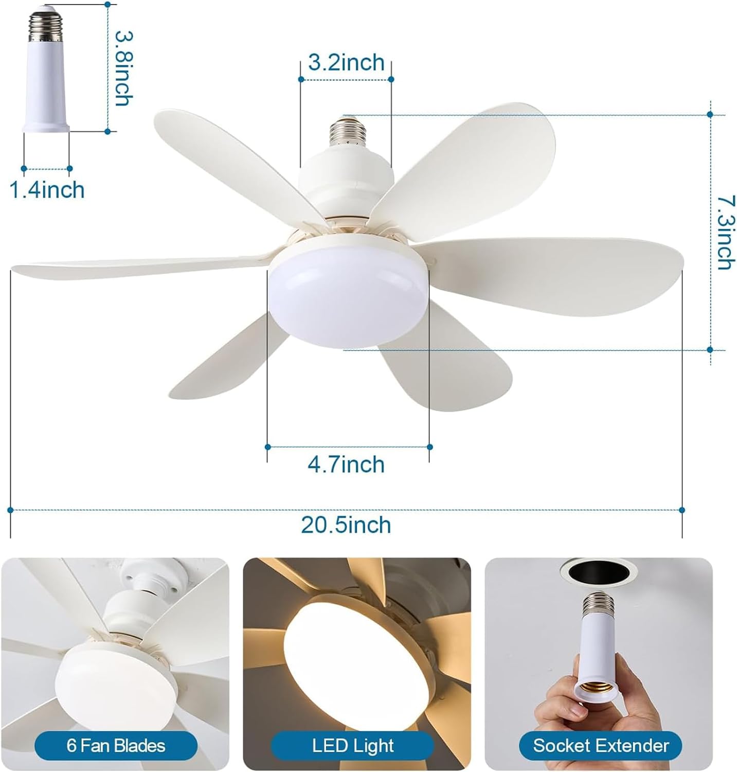 52CM Ceiling Fans with Lights and Remote Control, 40W E27 Screw-In Light Bulb Fan with 3 Speeds & 3 Color, Timer Function, Dimmable 3000K-6500K, Ceiling Fan Light for Bedroom, Living Room, Kitchen