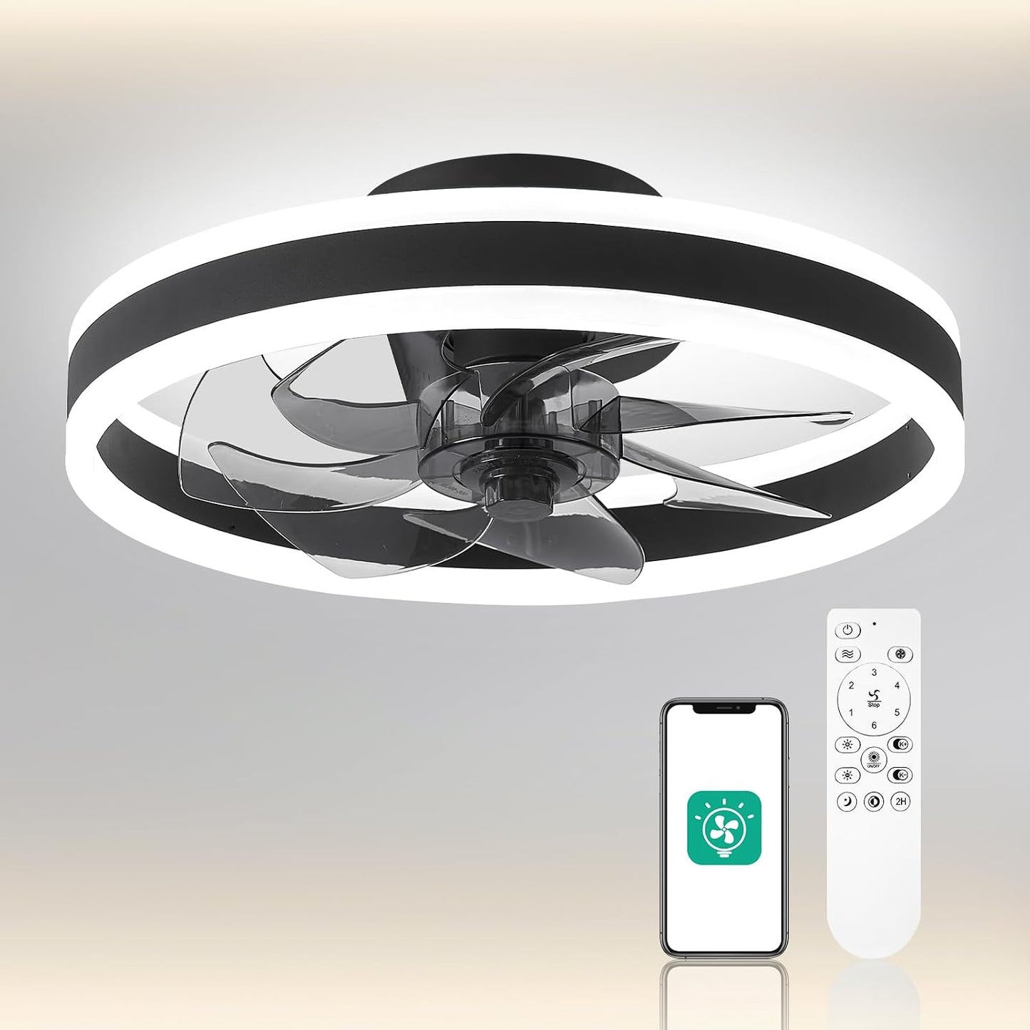 CHANFOK Smart Ceiling Fans with Lights Compatible with Alexa and Google Assistant 20", Low Profile Ceiling Fan with Light and Remote & APP Control, 6-Speed Reversible Blades (Black)