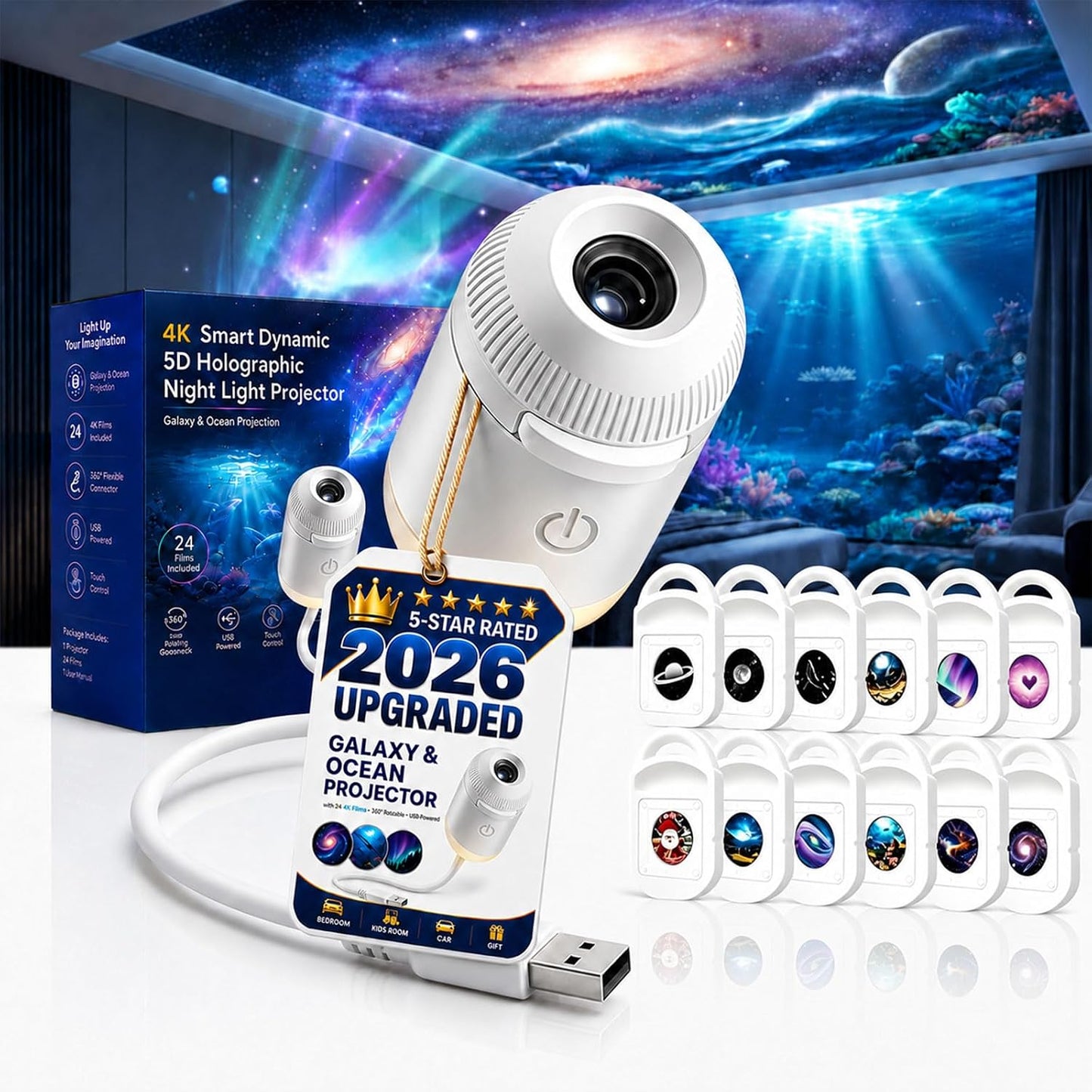 HD Smart Dynamic 5D Holographic Night Light Projector, Plug and Play 2-in-1 Galaxy Star and Ocean Projector with 24 Films, 360 Rotating USB Powered Ceiling Light for Bedroom Decor (24 Films)