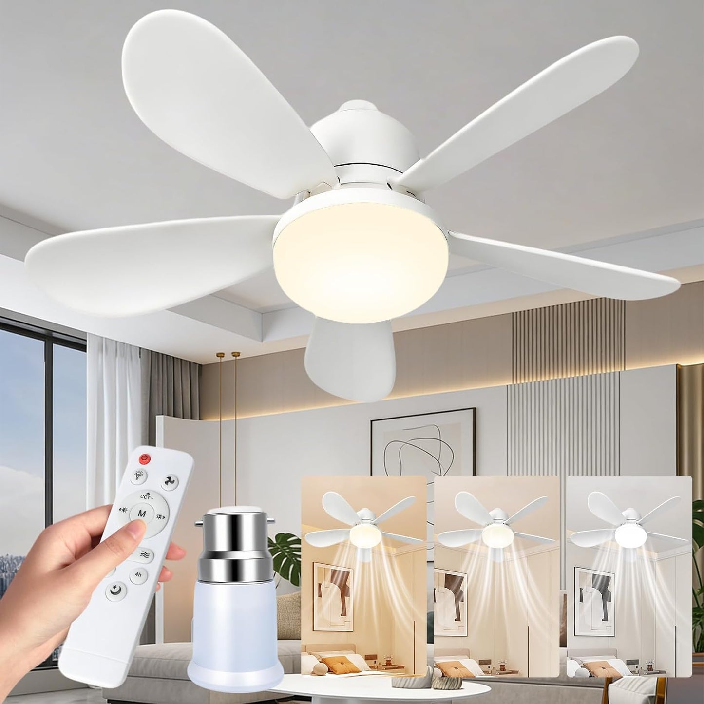 46cm Ceiling Fan Light Bulb Bayonet Fitting, Ceilings Fans with Light & Remote Control, Ceiling Fans Lights Dimmable, E27/B22 Ceilings Lamp with 3 Speeds & 3 Color Temperatures (White-B22)
