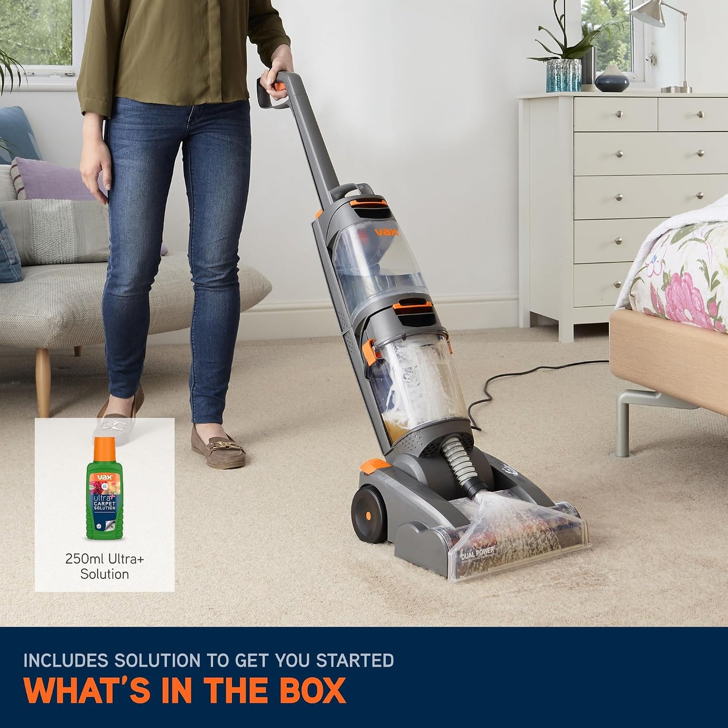 Vax Dual Power Carpet Cleaner Machine, Upright Portable Carpet and Rug Shampooer Washer, Included Solution, Easy to Carry, Orange, 800W, 5.8kg W86-DP-B