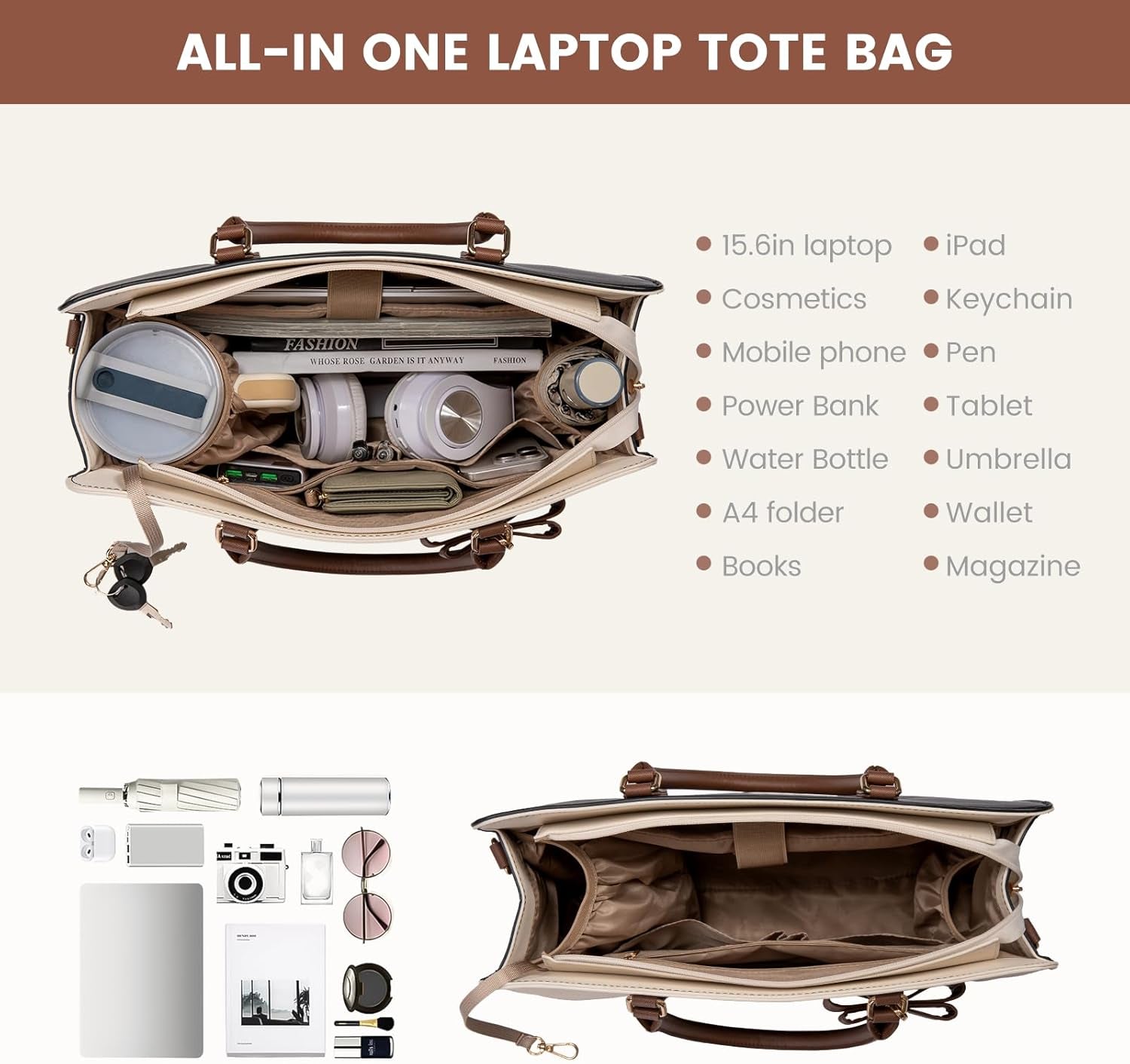 LOVEVOOK Women's Laptop Tote with Tumbler Pocket in Off-White Khaki