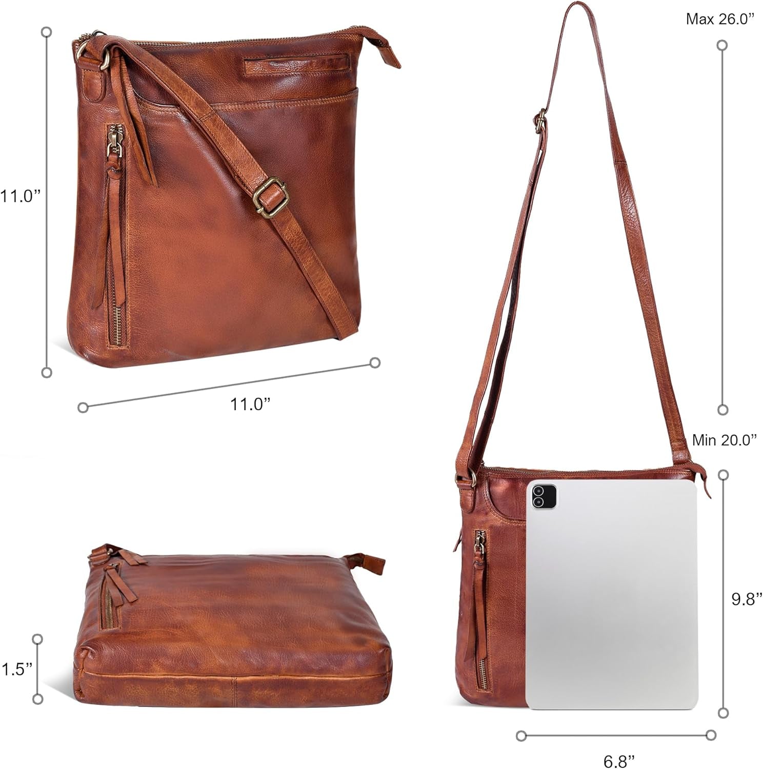 Oak Leathers Women's Genuine Leather Crossbody Bag in Black Nappa/Heron