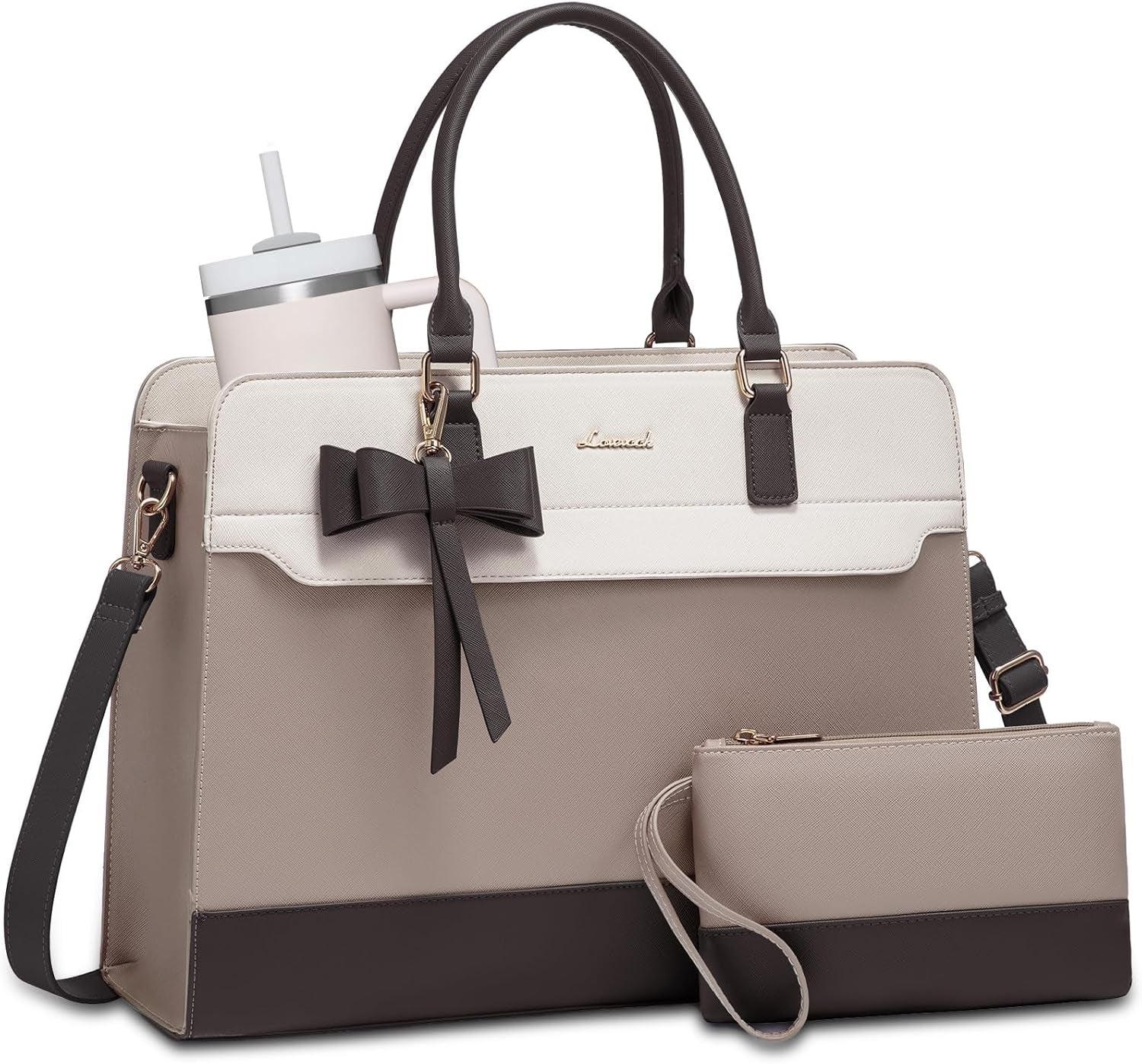LOVEVOOK Women's Laptop Tote with Tumbler Pocket in Black-Up