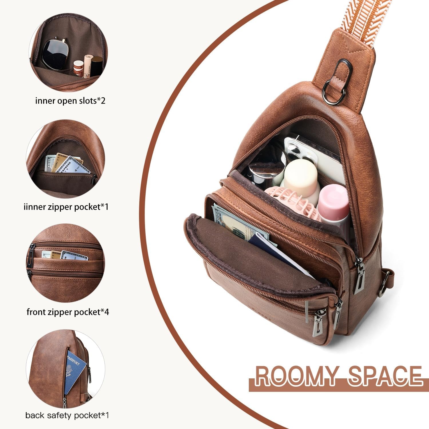 Leresas Women's Vegan Leather Sling Crossbody Bag in Tan