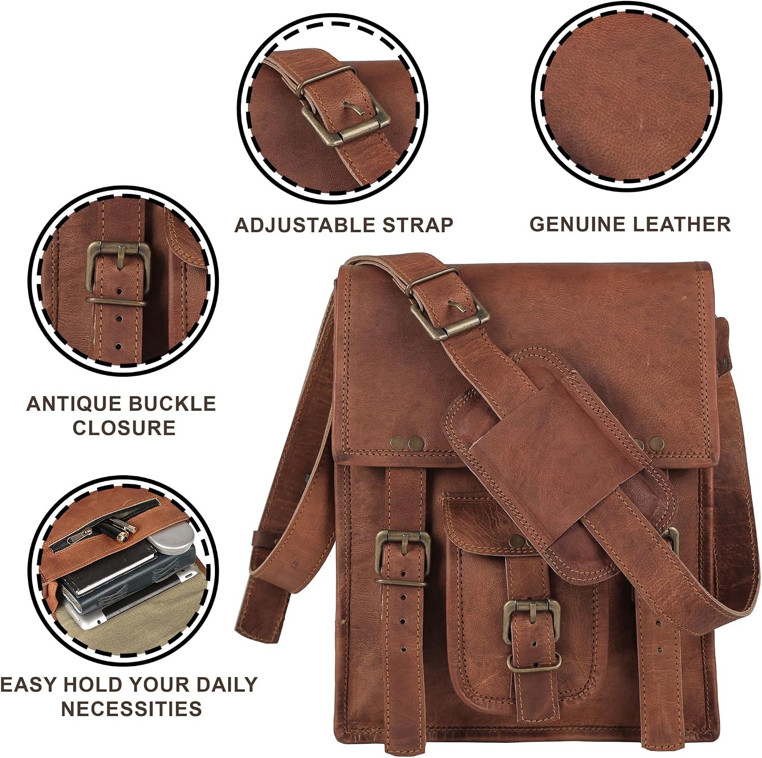 KomalC Full-Grain Leather 11-Inch Messenger Bag