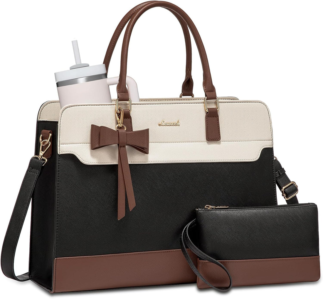 LOVEVOOK Women's Laptop Tote with Tumbler Pocket in Black-White-Brown-Up