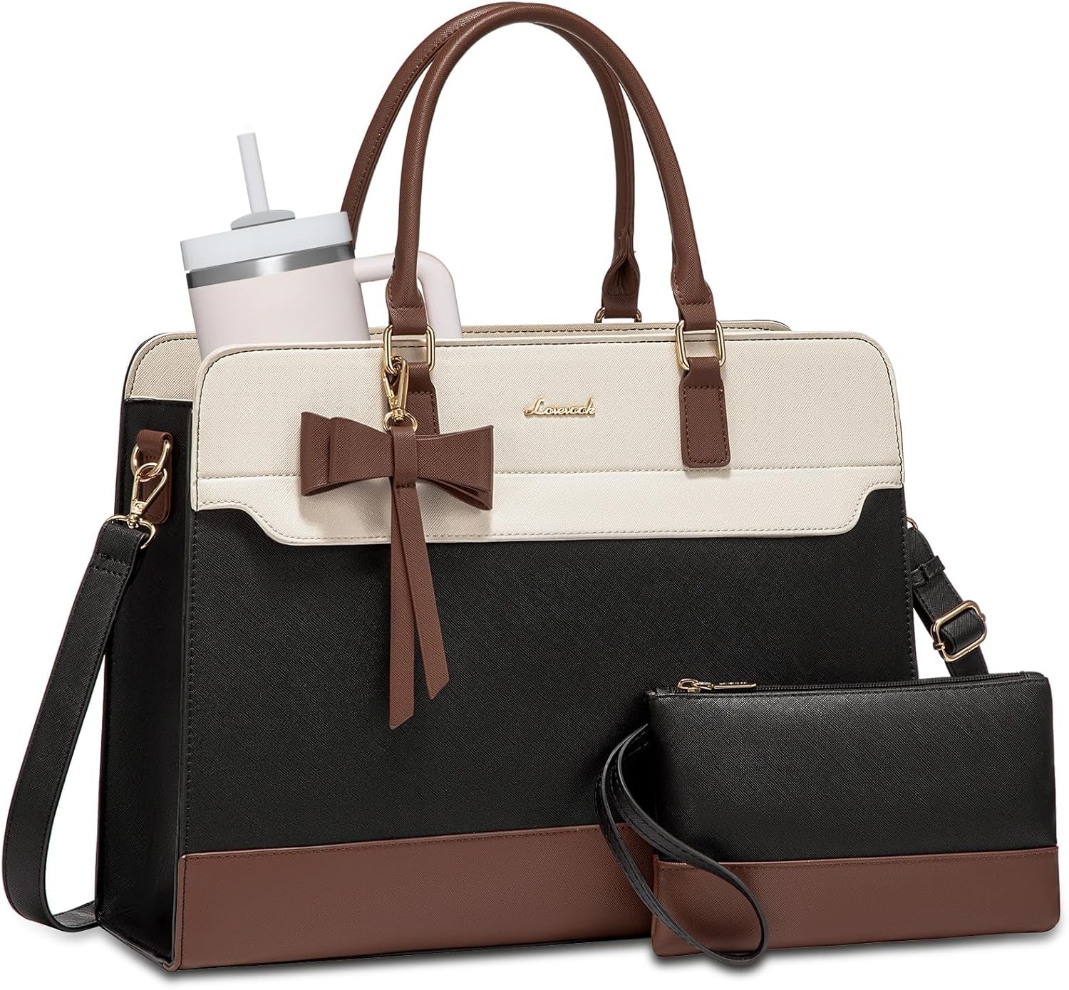 LOVEVOOK Women's Laptop Tote with Tumbler Pocket in Black-White-Brown-Up