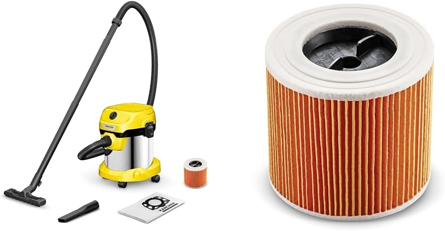 KÄRCHER Wet and Dry Vacuum Cleaner WD 2 Plus, blowing function, power: 1000w, incl. cartridge filter, floor and crevice nozzle, Yellow, plastic container: 12 l, suction hose: 1.8 m