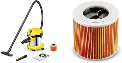KÄRCHER Wet and Dry Vacuum Cleaner WD 2 Plus, blowing function, power: 1000w, incl. cartridge filter, floor and crevice nozzle, Yellow, plastic container: 12 l, suction hose: 1.8 m