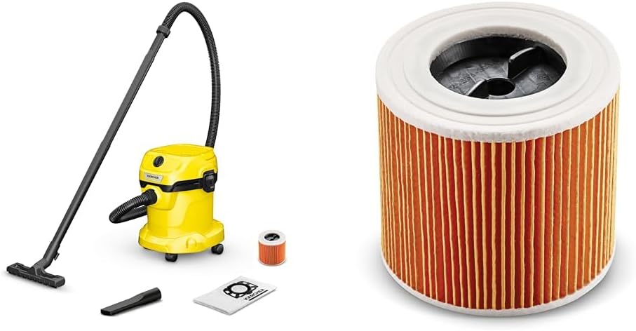 KÄRCHER Wet and Dry Vacuum Cleaner WD 2 Plus, blowing function, power: 1000w, incl. cartridge filter, floor and crevice nozzle, Yellow, plastic container: 12 l, suction hose: 1.8 m