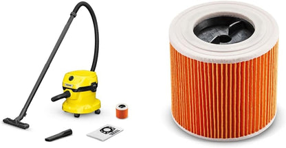 KÄRCHER Wet and Dry Vacuum Cleaner WD 2 Plus, blowing function, power: 1000w, incl. cartridge filter, floor and crevice nozzle, Yellow, plastic container: 12 l, suction hose: 1.8 m