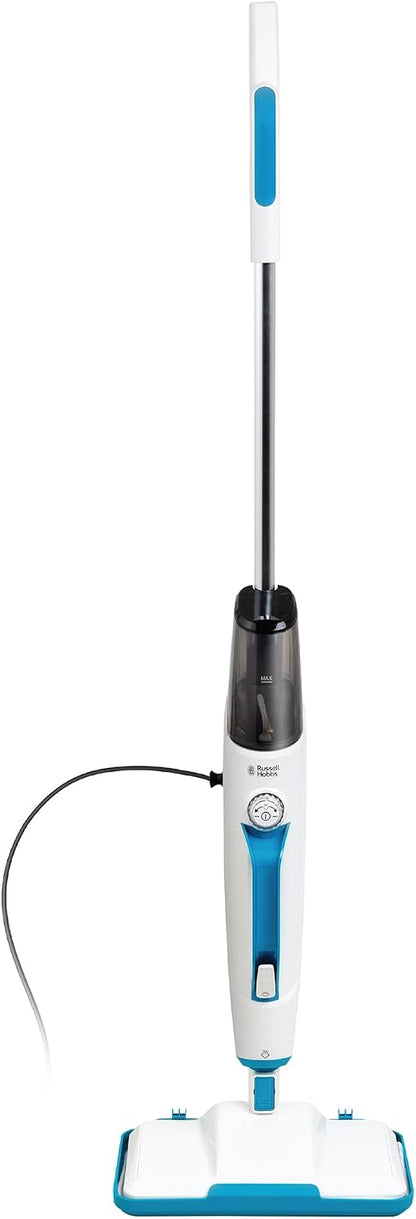 Russell Hobbs Upright Steam Mop, 1.4kW Power, 380ml Water Tank, 30-Second Heat-up, 15-Minute Run-Time, Sealed Hard Floors, Tiles, Vinyl Flooring, Carpets, Rugs in White & Aqua, RHSM1001-G