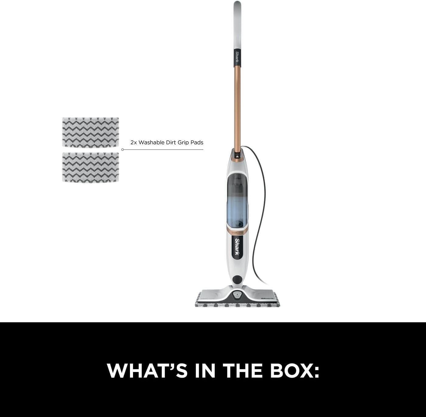 Shark SteamSpot with Steam Blaster Technology for Hard Floors, Lightweight steam mop Chemical-Free Cleaning, Removable water tank, Inc. 2x machine-washable Dirt Grip pads, White & Poly Copper S2001UK