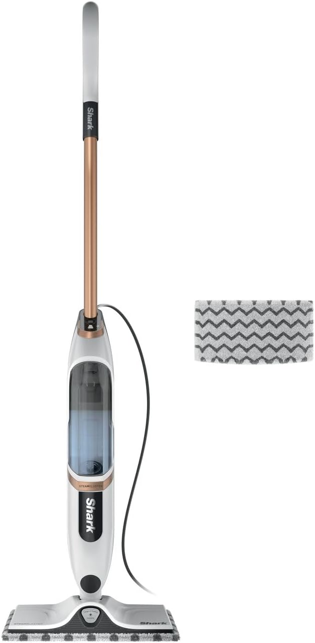 Shark SteamSpot with Steam Blaster Technology for Hard Floors, Lightweight steam mop Chemical-Free Cleaning, Removable water tank, Inc. 2x machine-washable Dirt Grip pads, White & Poly Copper S2001UK