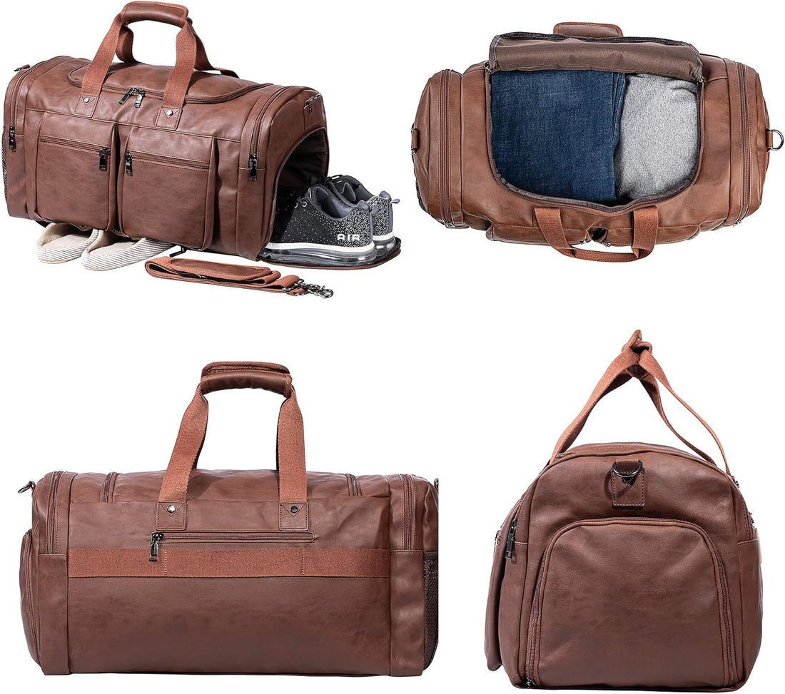 seyfocnia 52L PU Leather Weekender Duffel Bag in Brown