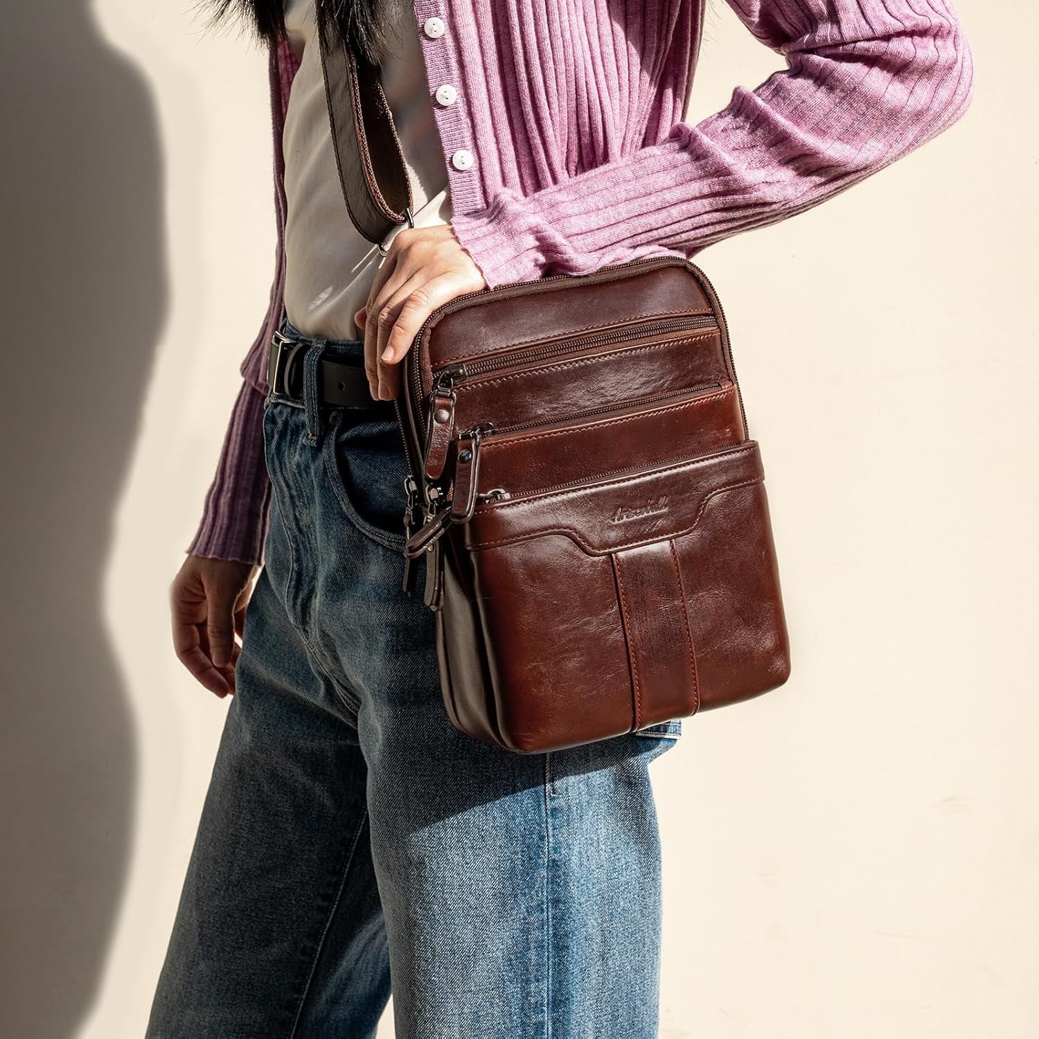 Ariscobull Men's Genuine Leather Messenger Sling Bag in Yellowish Brown