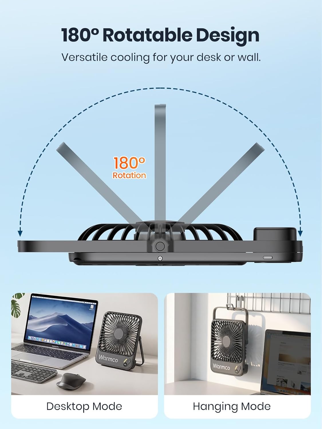 Warmco D3 Portable Rechargeable Desk Fan 10000mAh, Quiet, 24H Runtime | Ultra-Slim 4-Speed Fan, LED Display & Foldable Stand For Bedroom, Office, Camping, Cruise & Travel