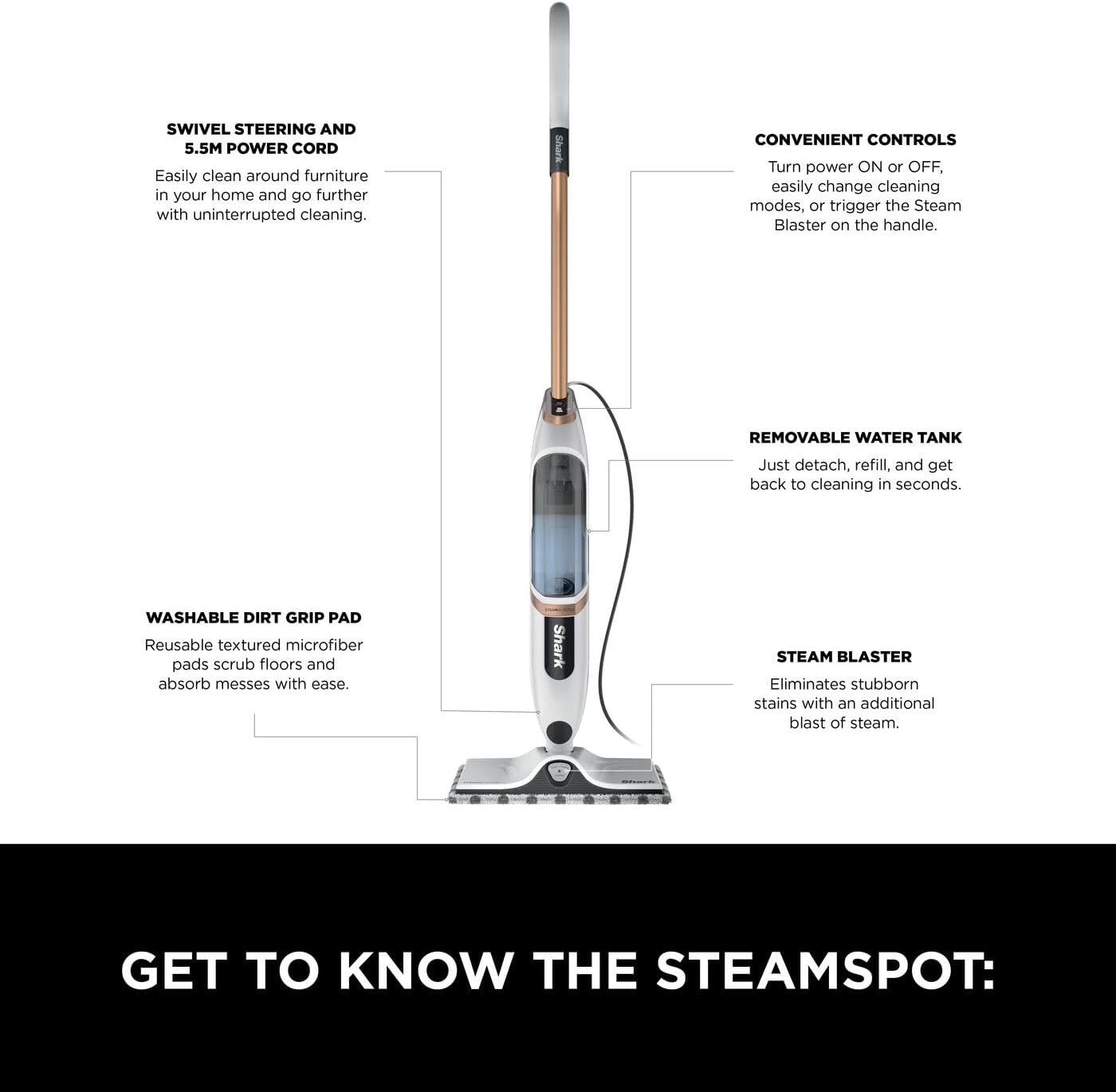 Shark SteamSpot with Steam Blaster Technology for Hard Floors, Lightweight steam mop Chemical-Free Cleaning, Removable water tank, Inc. 2x machine-washable Dirt Grip pads, White & Poly Copper S2001UK