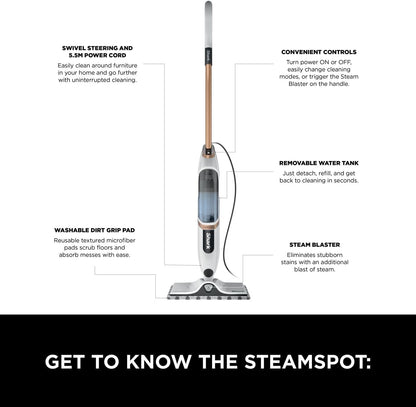 Shark SteamSpot with Steam Blaster Technology for Hard Floors, Lightweight steam mop Chemical-Free Cleaning, Removable water tank, Inc. 2x machine-washable Dirt Grip pads, White & Poly Copper S2001UK