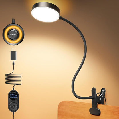 Glocusent Clip on Light, 72 LED Bedside Light with 3 Colors & 5 Brightness, Flexible with Amber Night Light, 30/60Min Timer, Eye Caring, for Bed/Reading/Studying/Working (Black with Adapter) | 5 levels, soft light for eyes, timer, flexible setting, stable