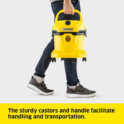 KÄRCHER Wet and Dry Vacuum Cleaner WD 2 Plus, blowing function, power: 1000w, incl. cartridge filter, floor and crevice nozzle, Yellow, plastic container: 12 l, suction hose: 1.8 m