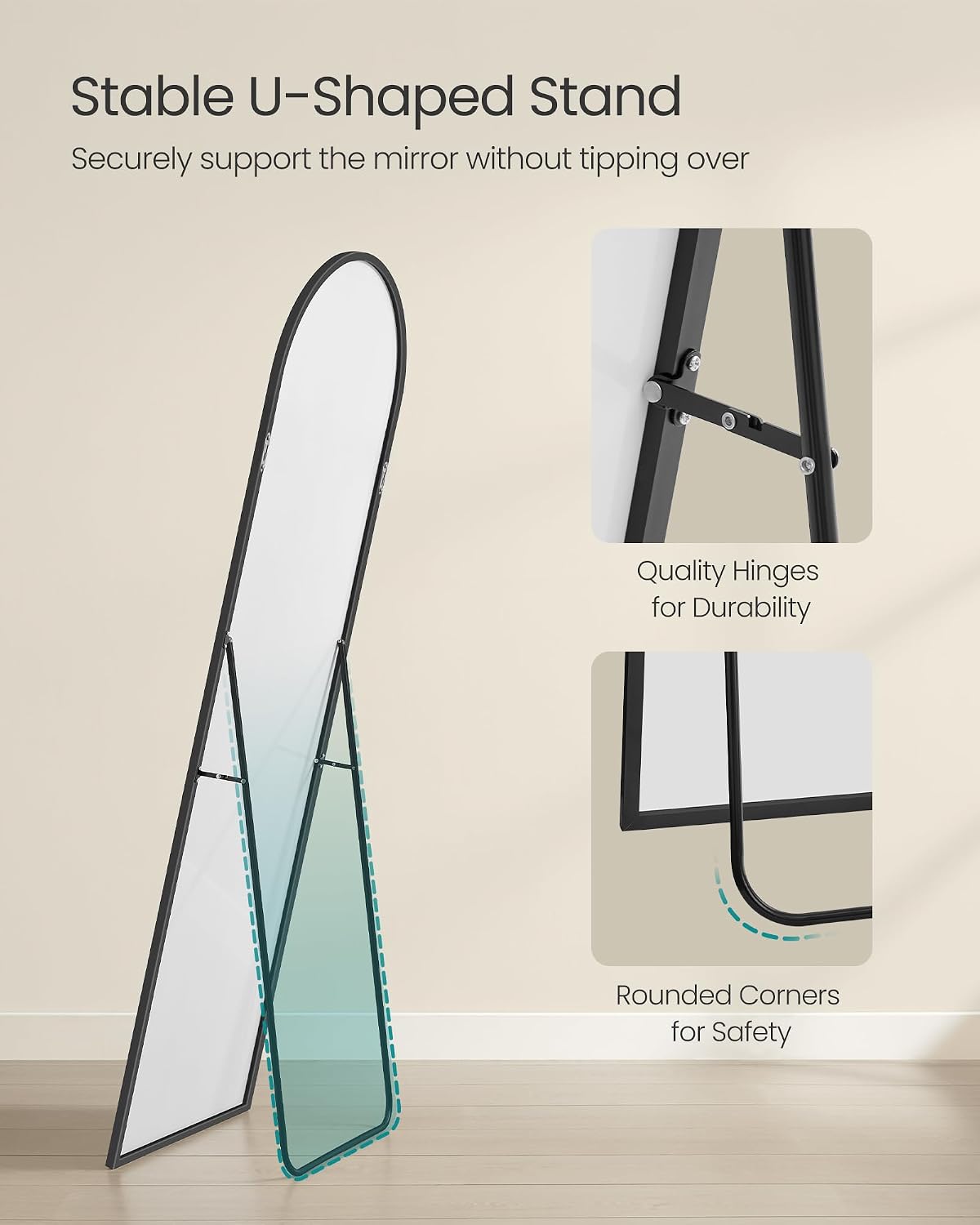 SONGMICS Full Length Mirror, 160 x 50 cm, Arched Full Body Mirror with Stand, Aluminium Alloy Frame, Tempered Glass, for Bedroom, Living Room, Cloakroom, Ink Black LFM031B01
