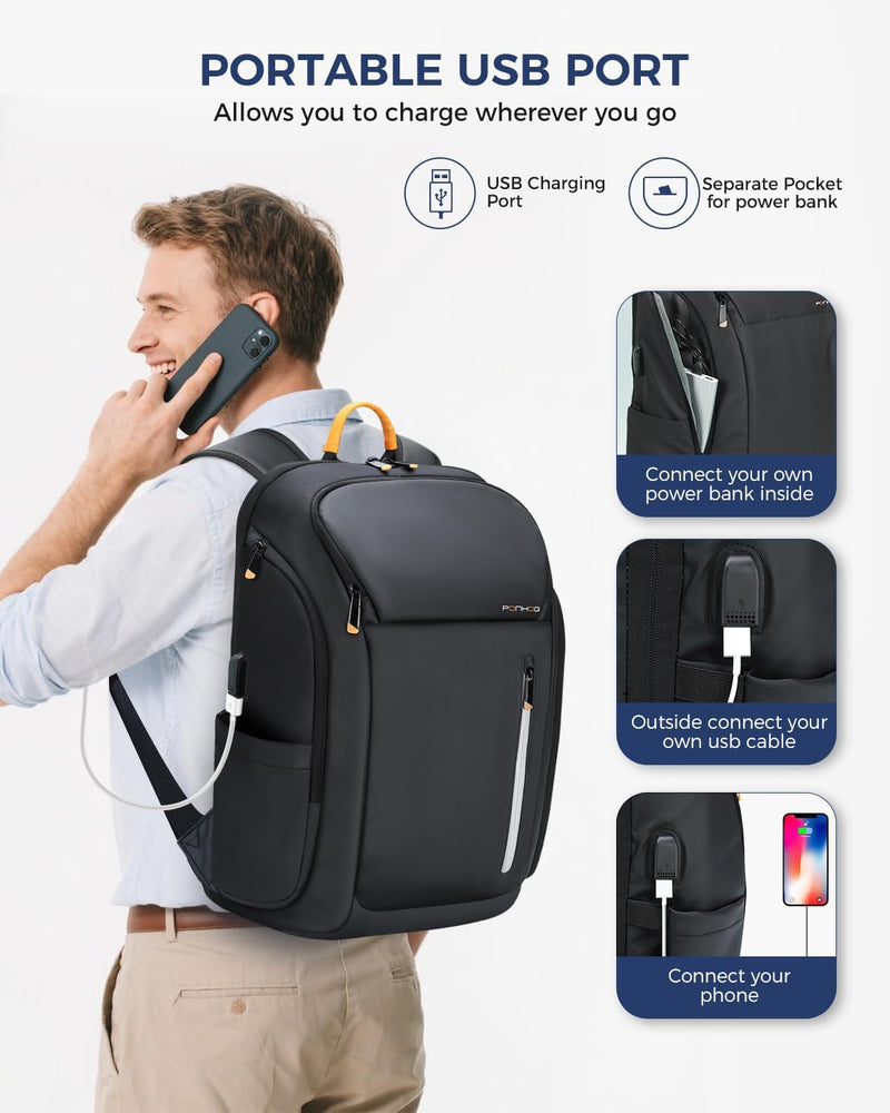 Ponhog 30L Travel Laptop Backpack – USB Charging & Anti-Theft Pocket