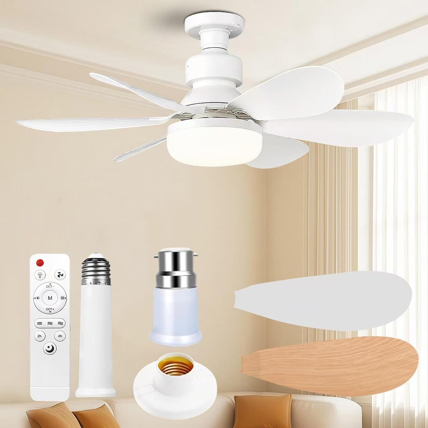 Ceiling Fan Light, FIBRAVE E27 Fan Lights with Remote Control, Stepless Dimmable 30W 1800 Lumens 3000-6500K 3-Color 3-Speed, Small Ceiling Fan with Light for Bedroom, Kitchen, Bathroom (White)