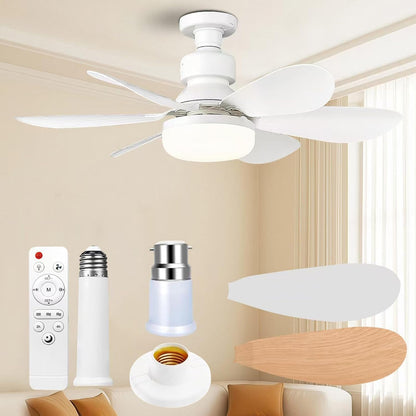 Ceiling Fan Light, FIBRAVE E27 Fan Lights with Remote Control, Stepless Dimmable 30W 1800 Lumens 3000-6500K 3-Color 3-Speed, Small Ceiling Fan with Light for Bedroom, Kitchen, Bathroom (White)