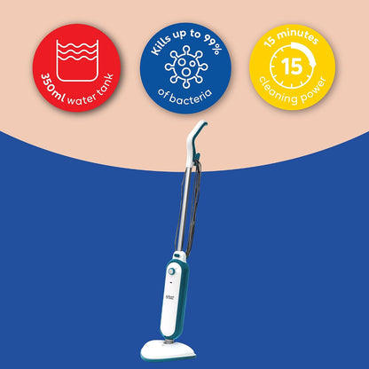 Russell Hobbs Upright Steam Mop, 1.4kW Power, 380ml Water Tank, 30-Second Heat-up, 15-Minute Run-Time, Sealed Hard Floors, Tiles, Vinyl Flooring, Carpets, Rugs in White & Aqua, RHSM1001-G