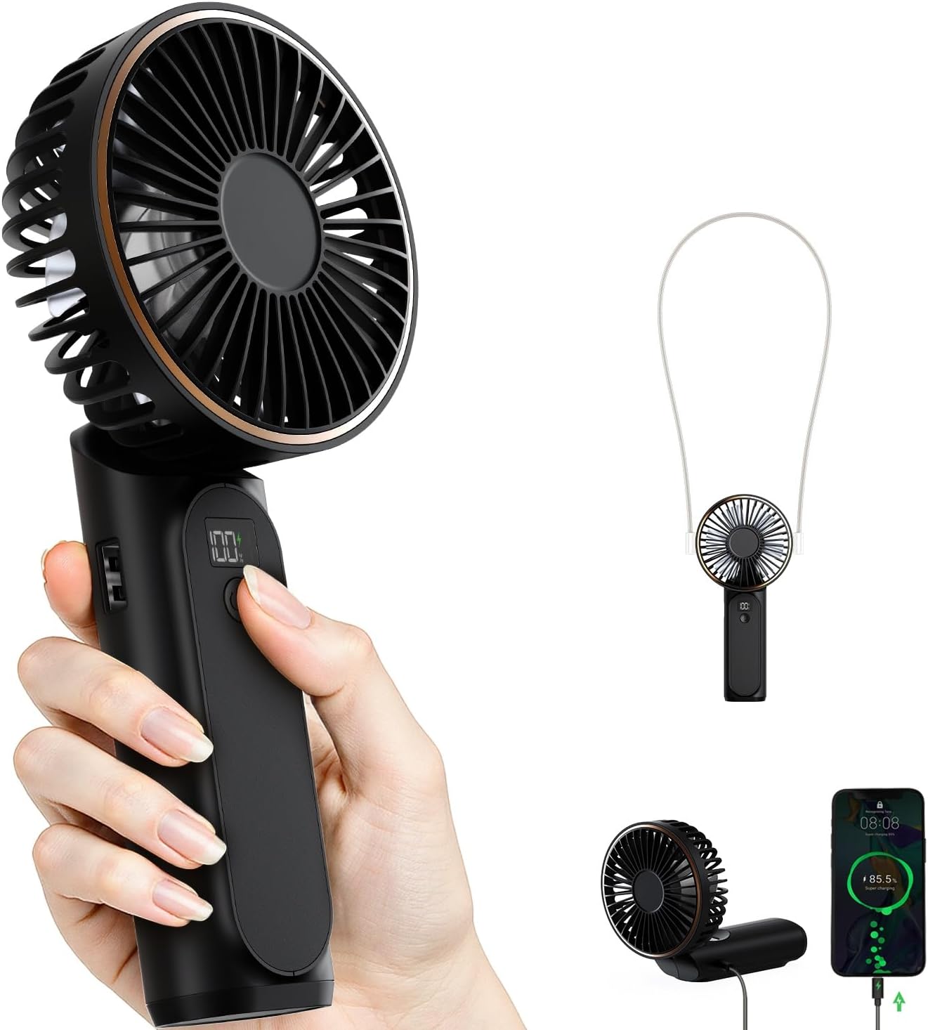 TUNISE Handheld Fan Rechargeable, Portable Fan with 4000mAh, Hand Fan with LED Display, 180° Adjustable, 6 Speed Travel Fan & Power Bank for Home Office Bedroom Outdoor