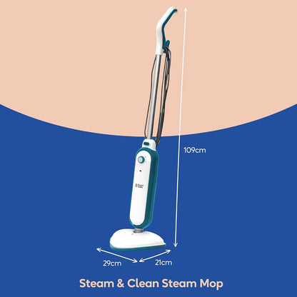 Russell Hobbs Upright Steam Mop, 1.4kW Power, 380ml Water Tank, 30-Second Heat-up, 15-Minute Run-Time, Sealed Hard Floors, Tiles, Vinyl Flooring, Carpets, Rugs in White & Aqua, RHSM1001-G