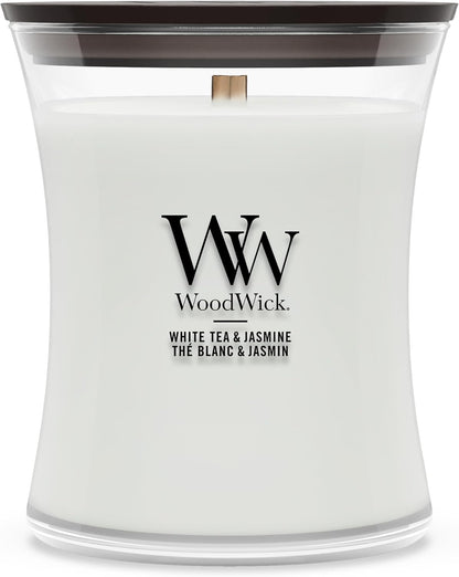 WoodWick Medium Hourglass Scented Candle | White Tea & Jasmine | with Crackling Wick | Burn Time: Up to 60 Hours | Gifts for Women