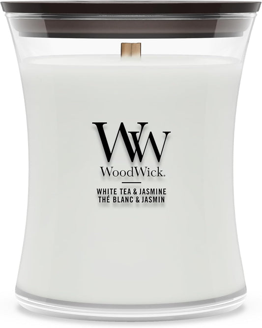 WoodWick Medium Hourglass Scented Candle | White Tea & Jasmine | with Crackling Wick | Burn Time: Up to 60 Hours | Gifts for Women