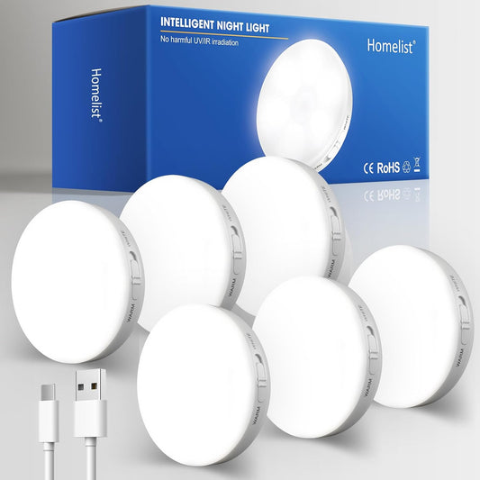 Homelist Motion Sensor Lights Indoor, 6 Pack 700mAh Rechargeable Night Light, Dual Color Temperature Wireless Under Cabinet Kitchen Lights, Magnetic Stick On LED Stair Lights for Kids, Seniors, Closet