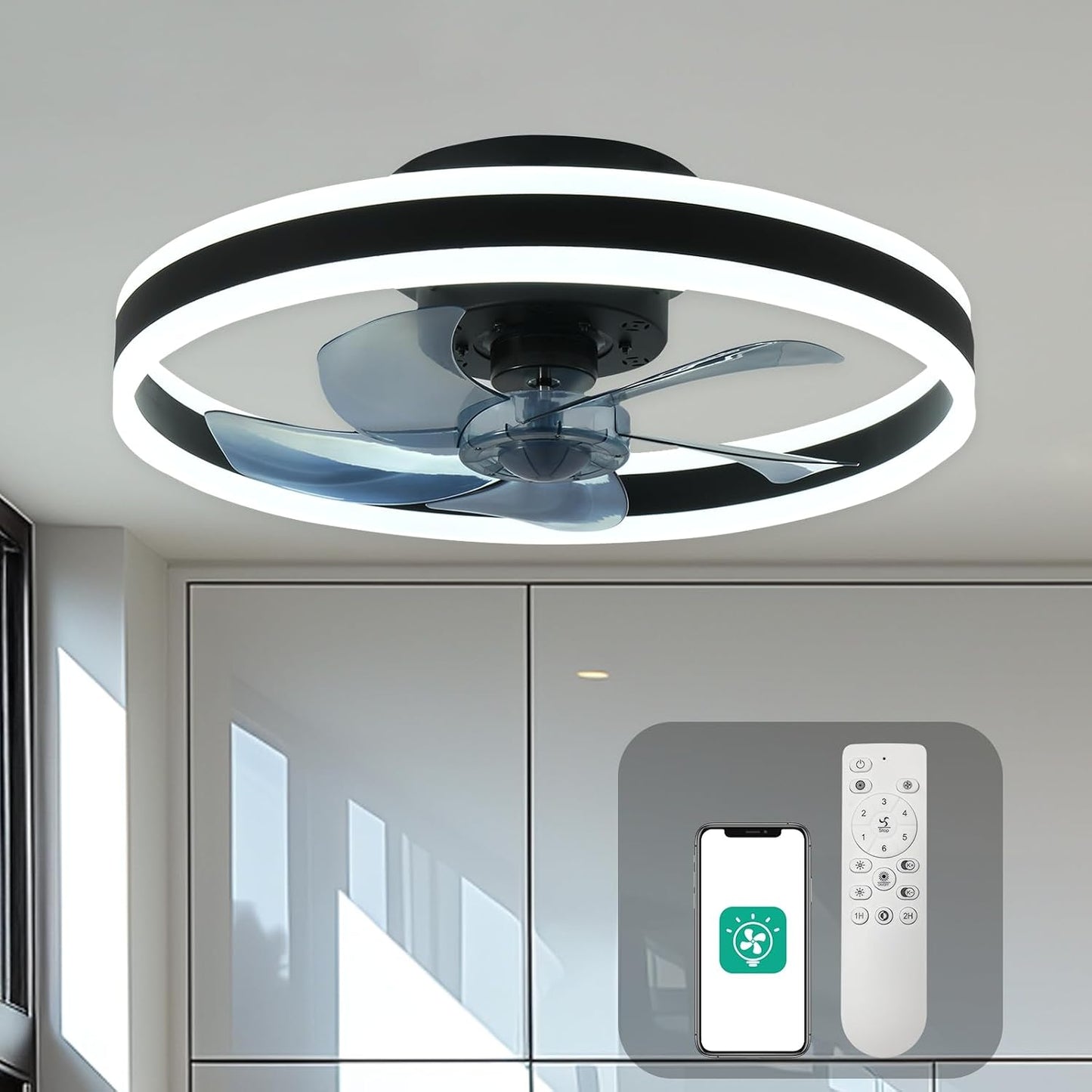CHANFOK Smart Ceiling Fans with Lights Compatible with Alexa and Google Assistant 20", Low Profile Ceiling Fan with Light and Remote & APP Control, 6-Speed Reversible Blades (Black)