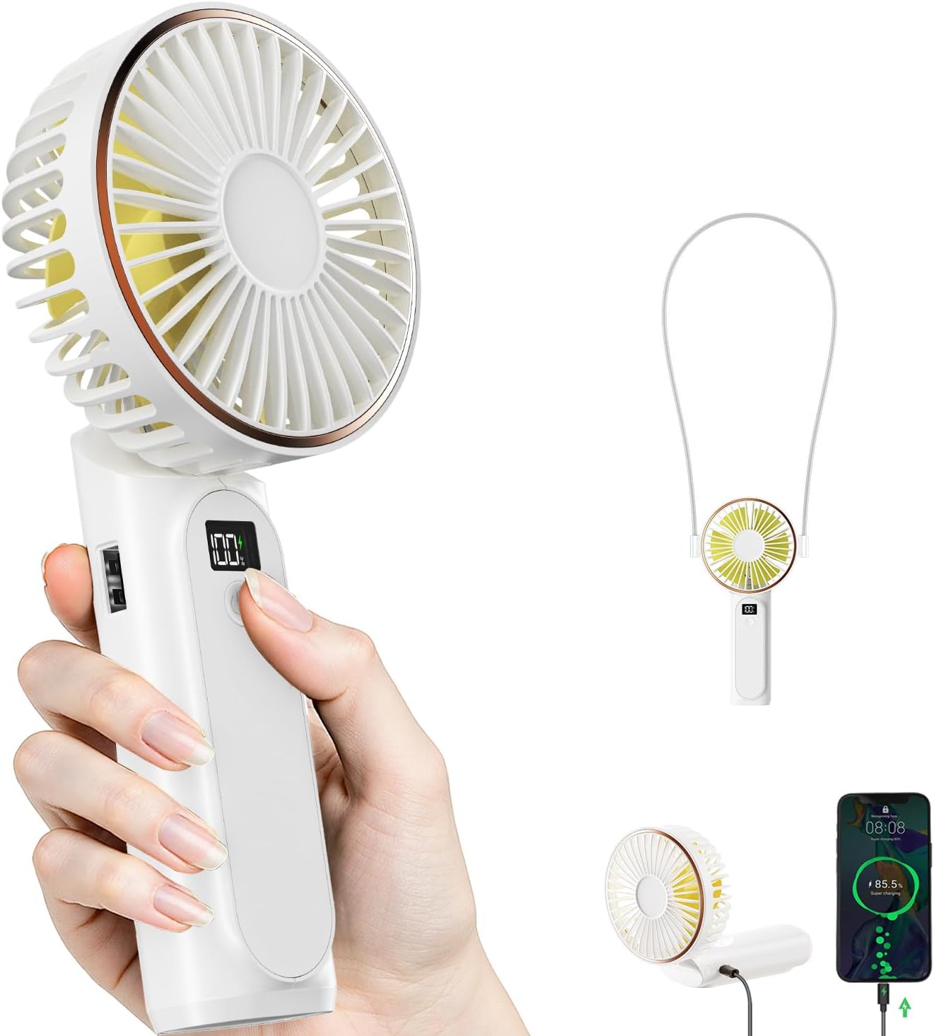 TUNISE Handheld Fan Rechargeable, Portable Fan with 4000mAh, Hand Fan with LED Display, 180° Adjustable, 6 Speed Travel Fan & Power Bank for Home Office Bedroom Outdoor