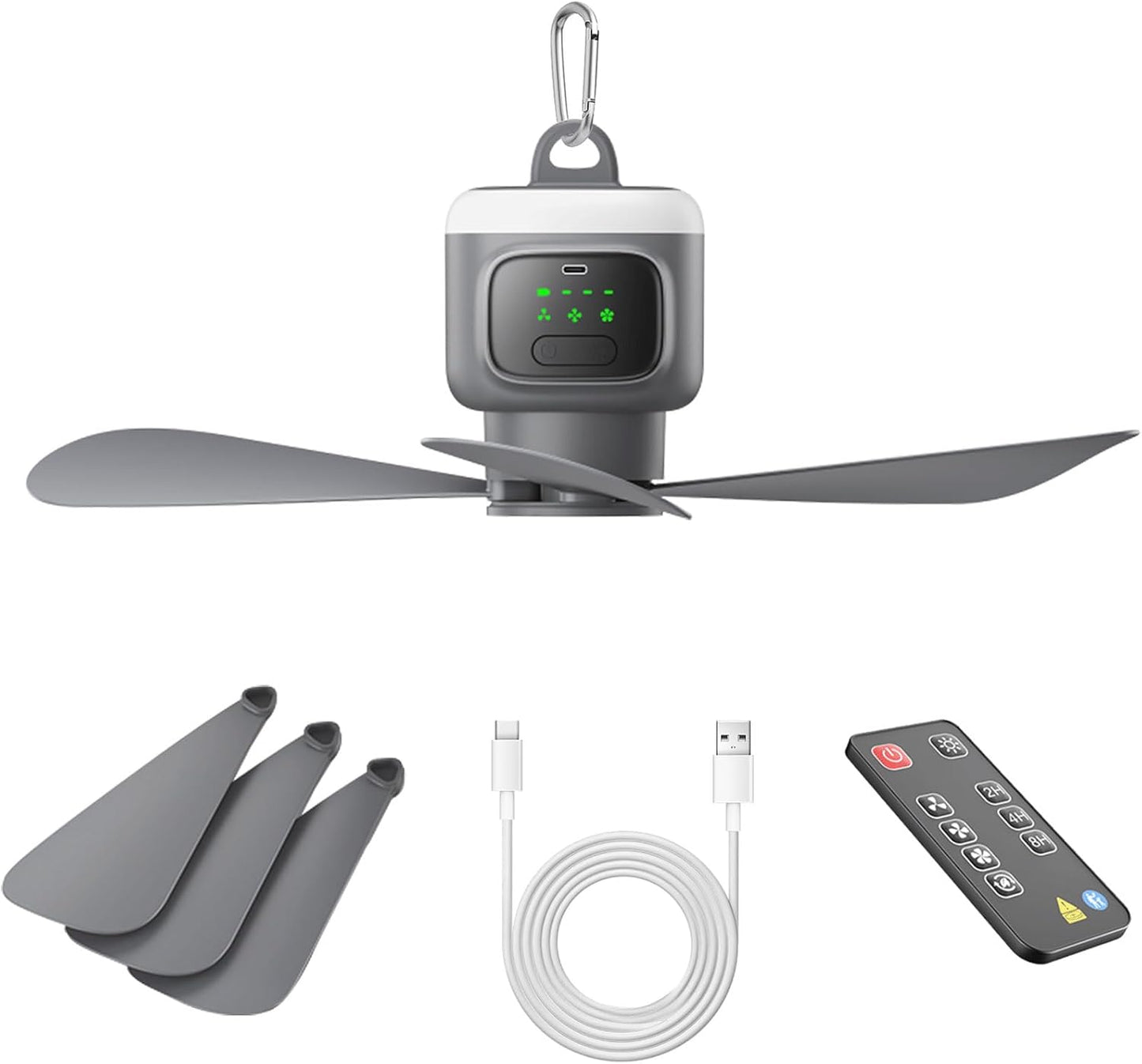 VVU&CCO Rechargeable Portable Ceiling Fan with Light, 12000mAh Battery Operated Use Time Up to 16H,4 Speeds Adjustment, 2/4/8H Timer,Camping Ceiling Fan for Tent Patio Canopy Porch RV