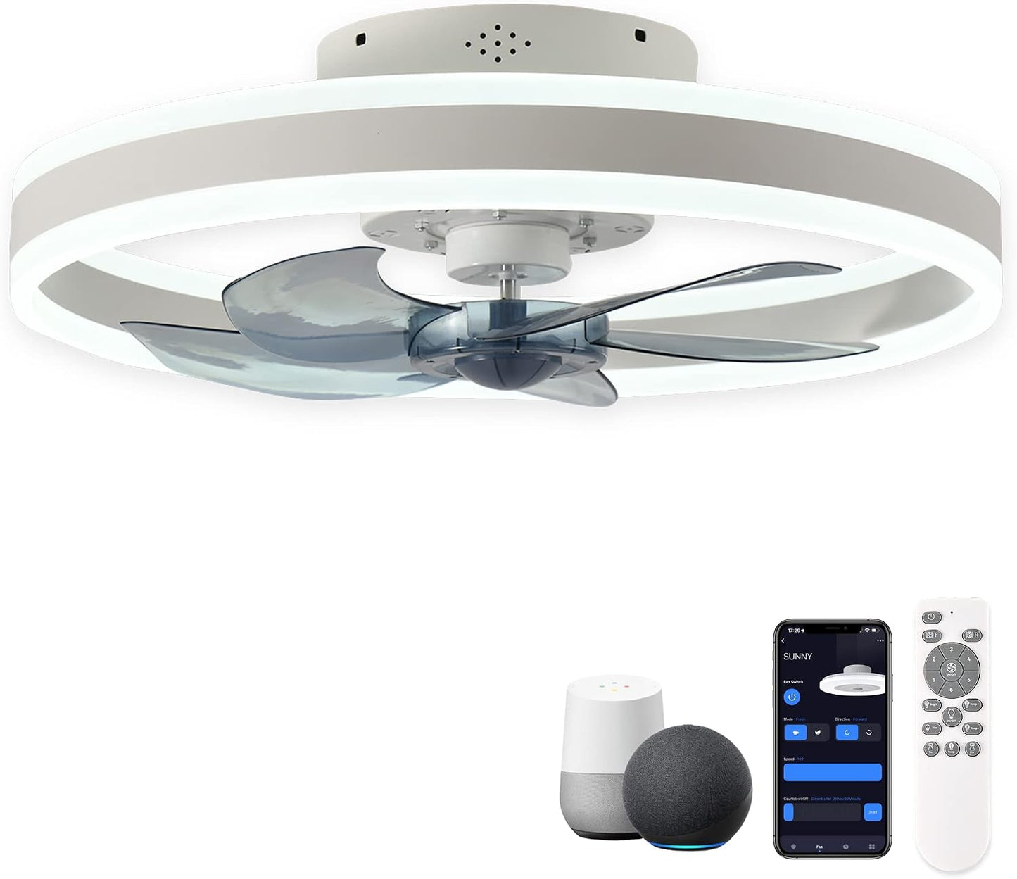 CHANFOK Smart Ceiling Fans with Lights Compatible with Alexa and Google Assistant 20", Low Profile Ceiling Fan with Light and Remote & APP Control, 6-Speed Reversible Blades (Black)