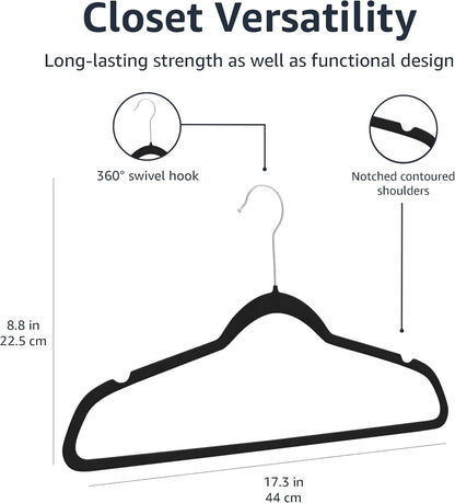 Amazon Basics Slim Velvet Non-Slip Suit Hangers - 30-Pack, Black/Silver