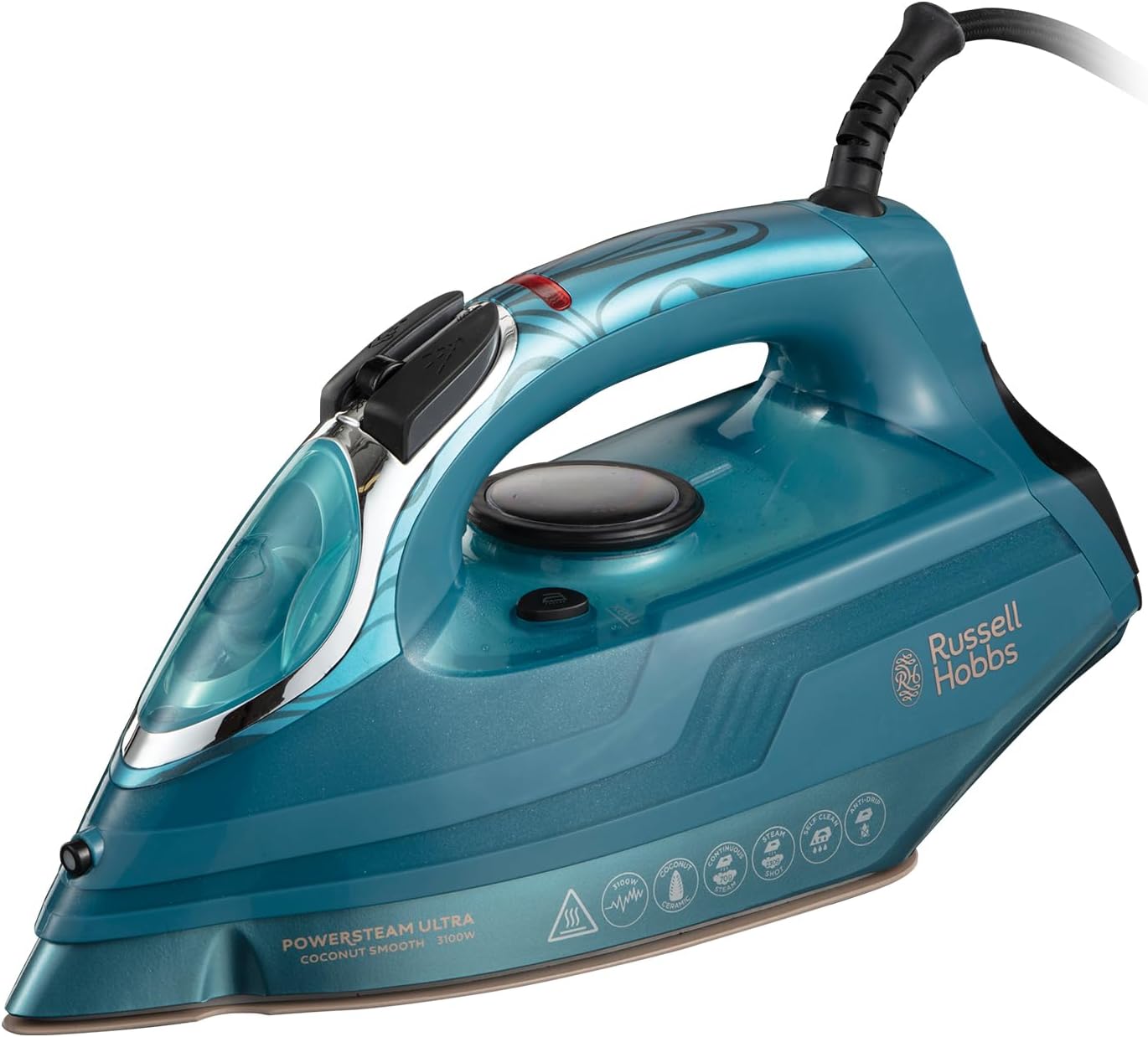 Russell Hobbs Steam Iron [3100W, 210 g/min extra steam boost, 70 g/min steam] Power Steam (350ml, ceramic soleplate, self-cleaning & spray water function, anti-limescale, drip stop) 20630