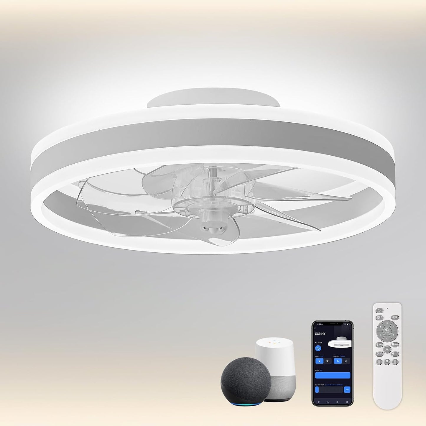 CHANFOK Smart Ceiling Fans with Lights Compatible with Alexa and Google Assistant 20", Low Profile Ceiling Fan with Light and Remote & APP Control, 6-Speed Reversible Blades (Black)