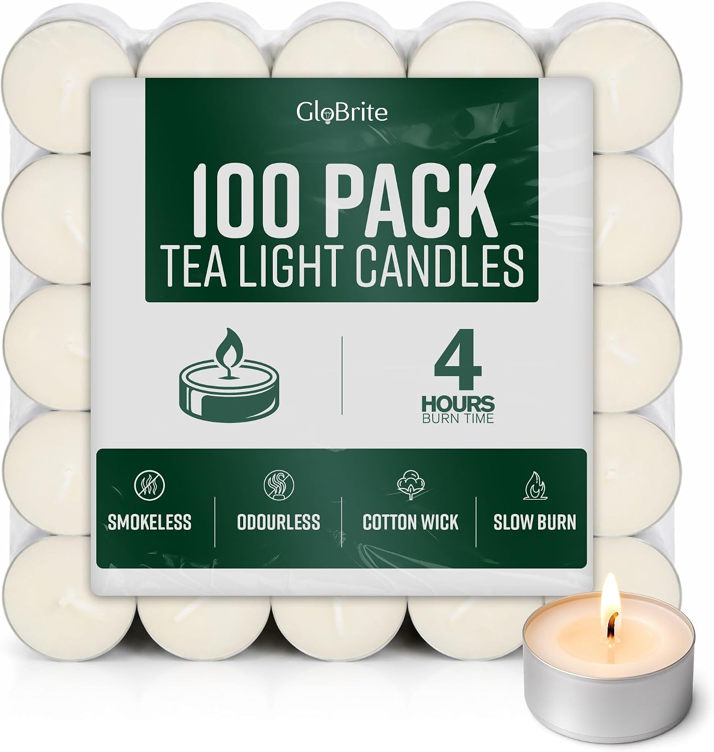 GloBrite Unscented Tea Lights – 8-Hour Long Burning Candles with Aluminum Cups for Home, Events & Decor (Pack of 50)