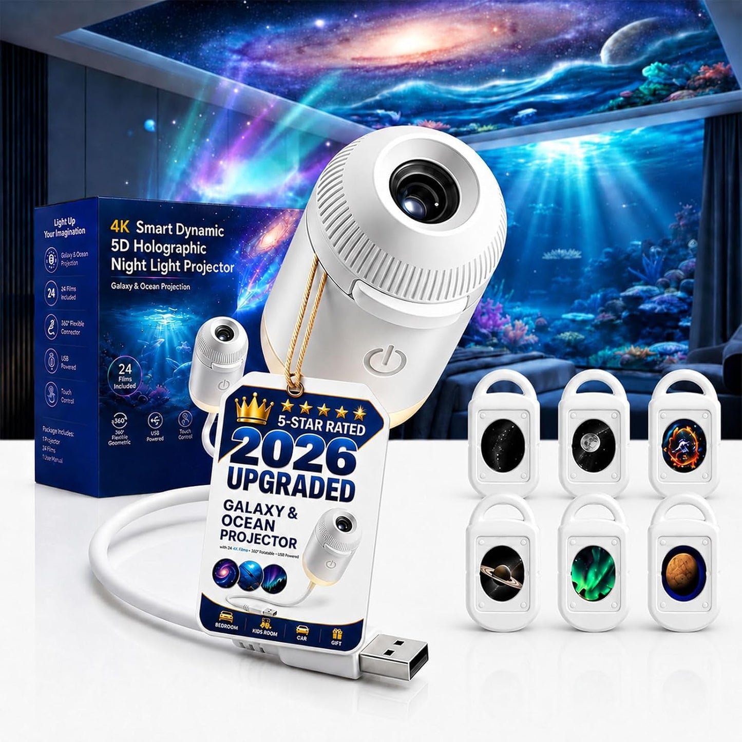 HD Smart Dynamic 5D Holographic Night Light Projector, Plug and Play 2-in-1 Galaxy Star and Ocean Projector with 24 Films, 360 Rotating USB Powered Ceiling Light for Bedroom Decor (24 Films)