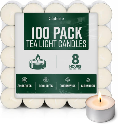 GloBrite Unscented Tea Lights – 8-Hour Long Burning Candles with Aluminum Cups for Home, Events & Decor (Pack of 50)