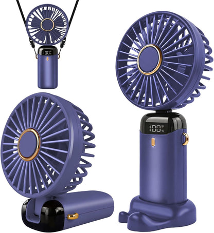 Jsdoin Hand Held Fan,Portable Handheld USB Rechargeable Fans with 5 Speeds,Battery Operated Mini Fan Foldable Desk Desktop Fans with LED Display for Home Office Bedroom Outdoor Travel (DarkBlue)