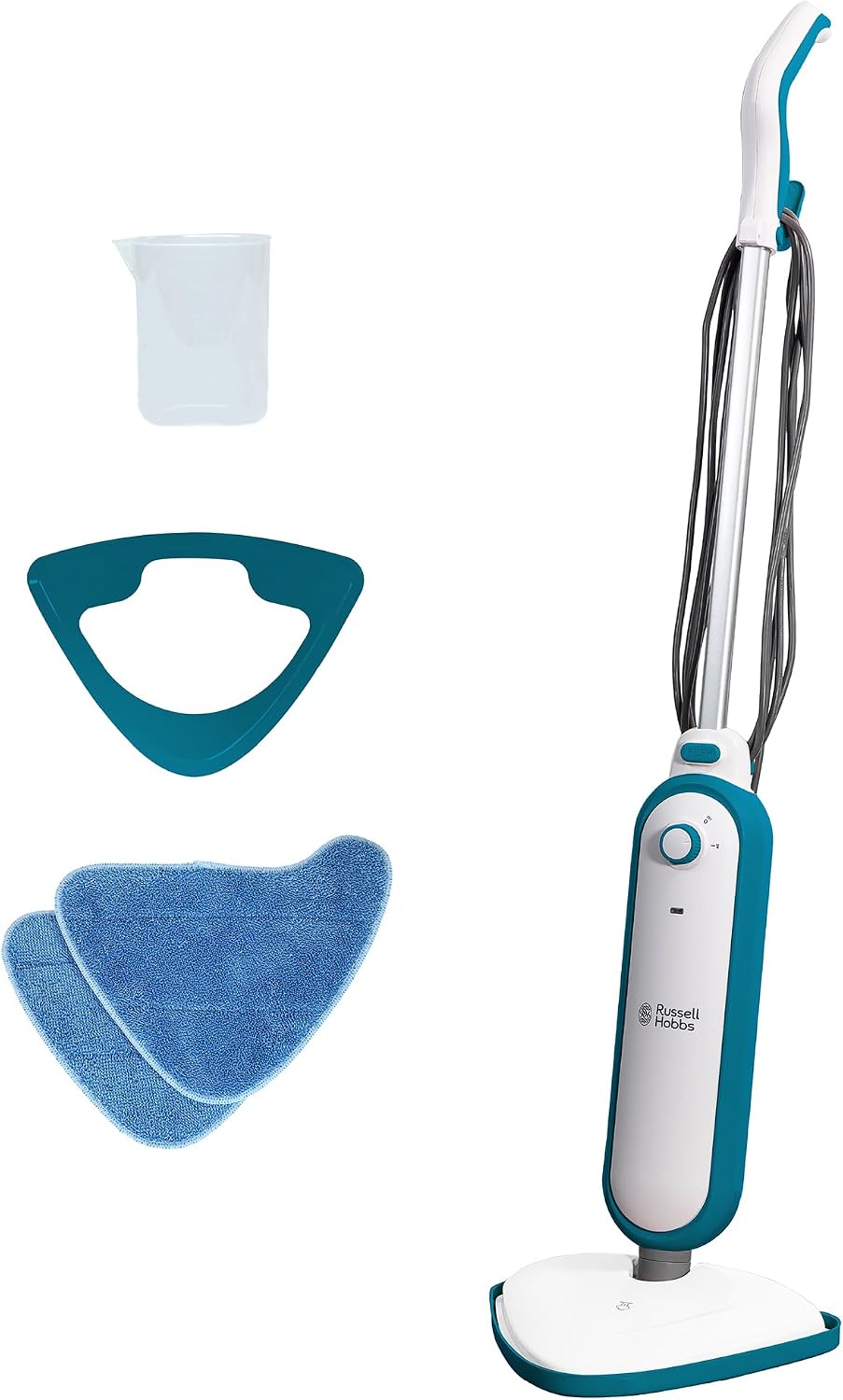 Russell Hobbs Upright Steam Mop, 1.4kW Power, 380ml Water Tank, 30-Second Heat-up, 15-Minute Run-Time, Sealed Hard Floors, Tiles, Vinyl Flooring, Carpets, Rugs in White & Aqua, RHSM1001-G